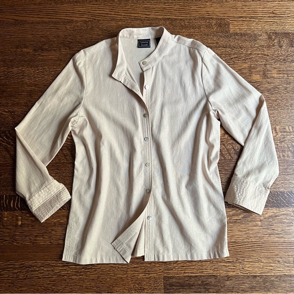 Ecru Linen Button Down, Collarless with Mother of Pearl Shell Buttons - Picture 1 of 9